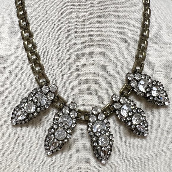 Unusual rhinestone necklace, antique gold metal, eye catching - Picture 1 of 9